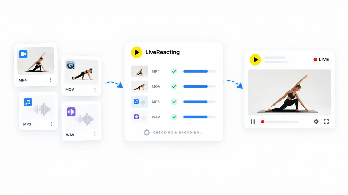 File video e audio in quattro formati, controllati e codificati da LiveReacting, poi trasmessi in diretta