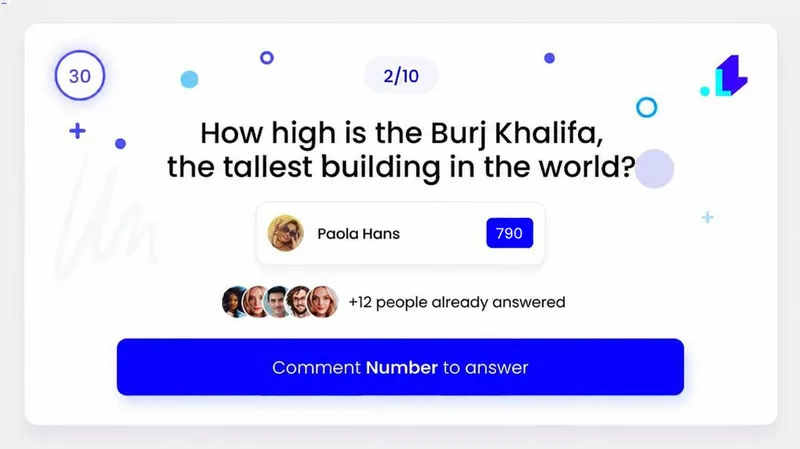 Una ronda de Adivina el Número que pregunta cuánto mide el Burj Khalifa, con la respuesta de un espectador en pantalla