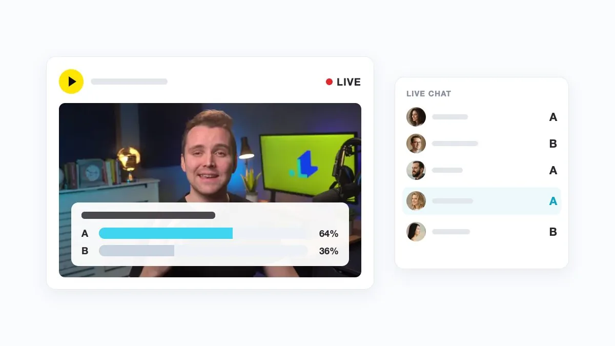 A poll on a live stream, with viewers voting A or B in the live chat