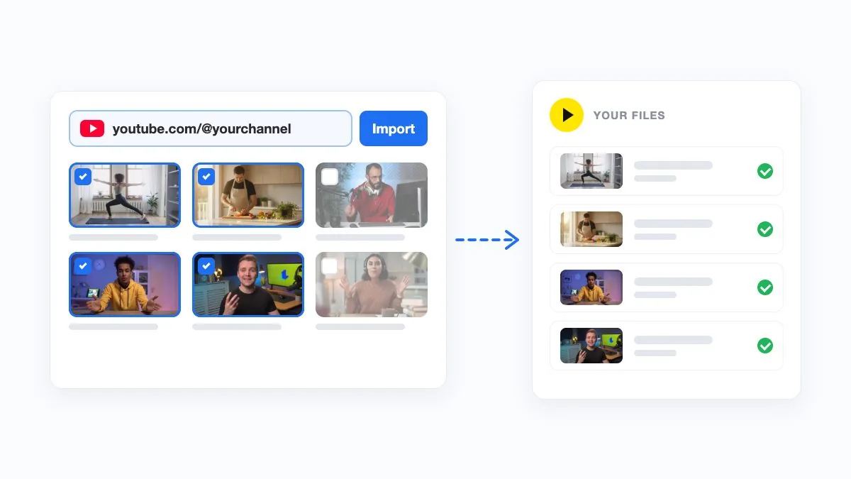 A YouTube channel link pasted in, videos picked, and the files arriving in LiveReacting