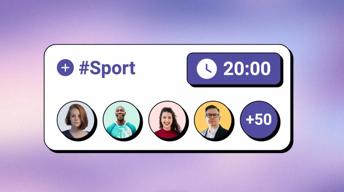 Una striscia del giveaway con la parola per partecipare, un timer di 20 minuti e le foto dei partecipanti