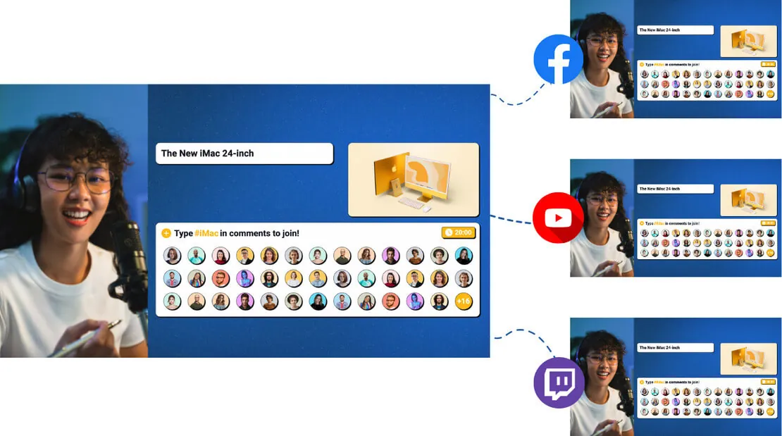 Un giveaway inviato contemporaneamente a Facebook, YouTube e Twitch, con gli stessi partecipanti su ciascuno