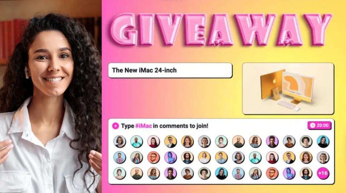 Un giveaway in rosa e giallo, con un grande titolo GIVEAWAY sopra il premio e i partecipanti