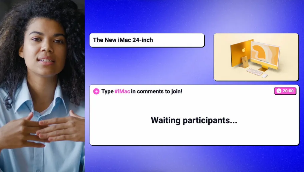 Un giveaway per un iMac in una diretta prima che partecipi qualcuno, con la parola per partecipare e un timer