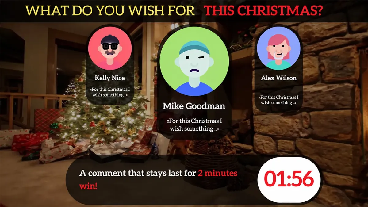 Un concurso navideño junto a una chimenea, con comentaristas en tarjetas y la cuenta regresiva en 1:56