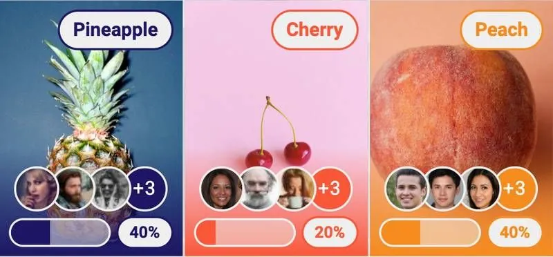 Tres opciones con imagen, cada una con las fotos de perfil de los espectadores que la votaron