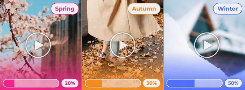 Tres tarjetas de opción, cada una reproduciendo un clip de video, con sus porcentajes de votos debajo