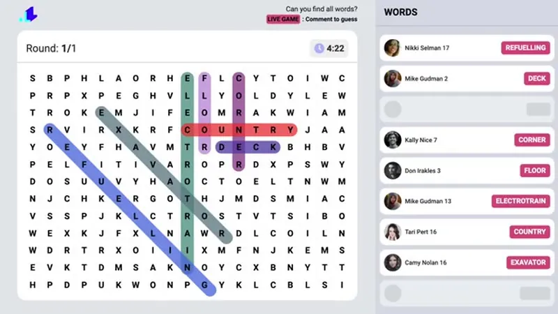 The letter grid mid-game, with words already struck through and the finders named beside them