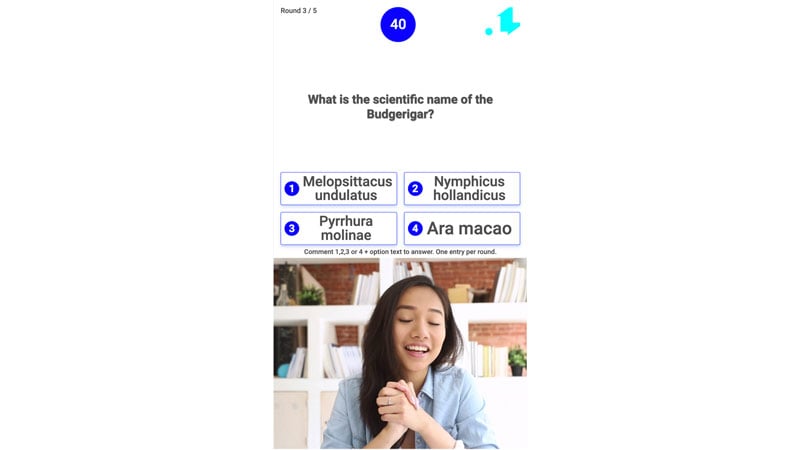 Live video trivia quiz game