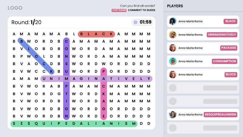 Live video word search quiz game