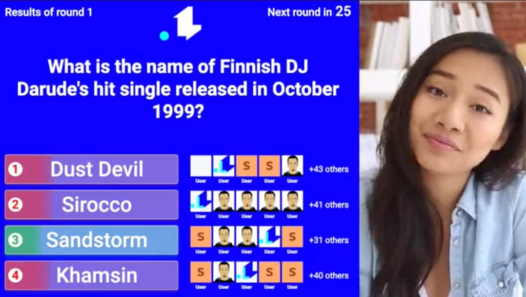 Live video trivia quiz game