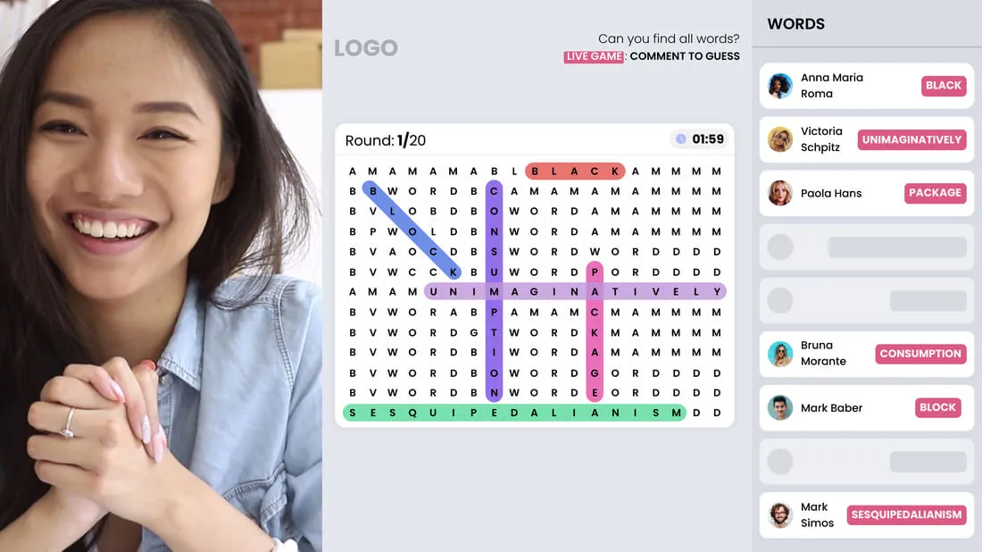 A word search round on a live stream, with found words colored in the grid and the finders listed beside it