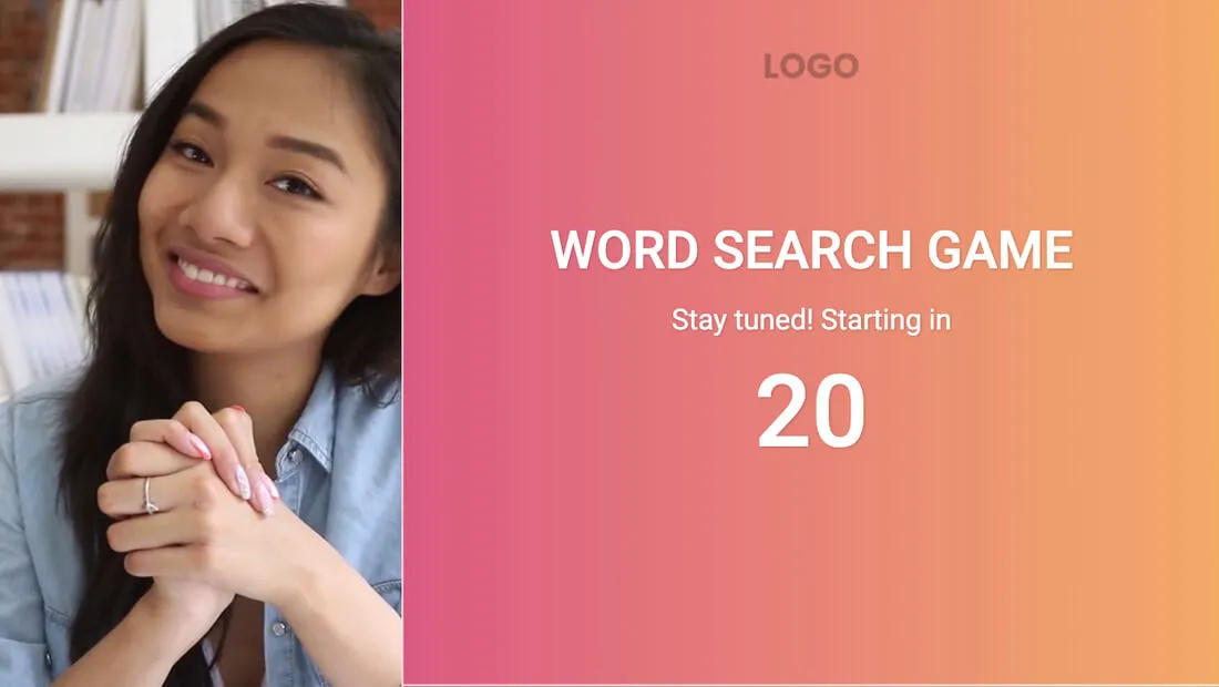A host on camera beside a word search start screen counting down to the first round